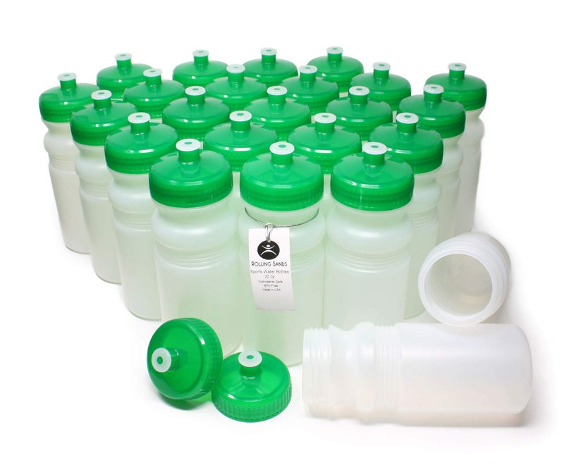 Rolling Sands Reusable Bulk Water Bottles 24 Pack - 20 Oz Sports Water Bottles, USA Made, BPA-Free, Wide Mouth for Easy Cleaning, Dishwasher Safe, Break Resistant - Clear Frost Bottle/Green Lid - Image 1